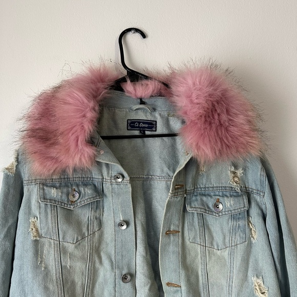 Distressed Denim Jacket with Pink Faux Fur Collar - Picture 3 of 5